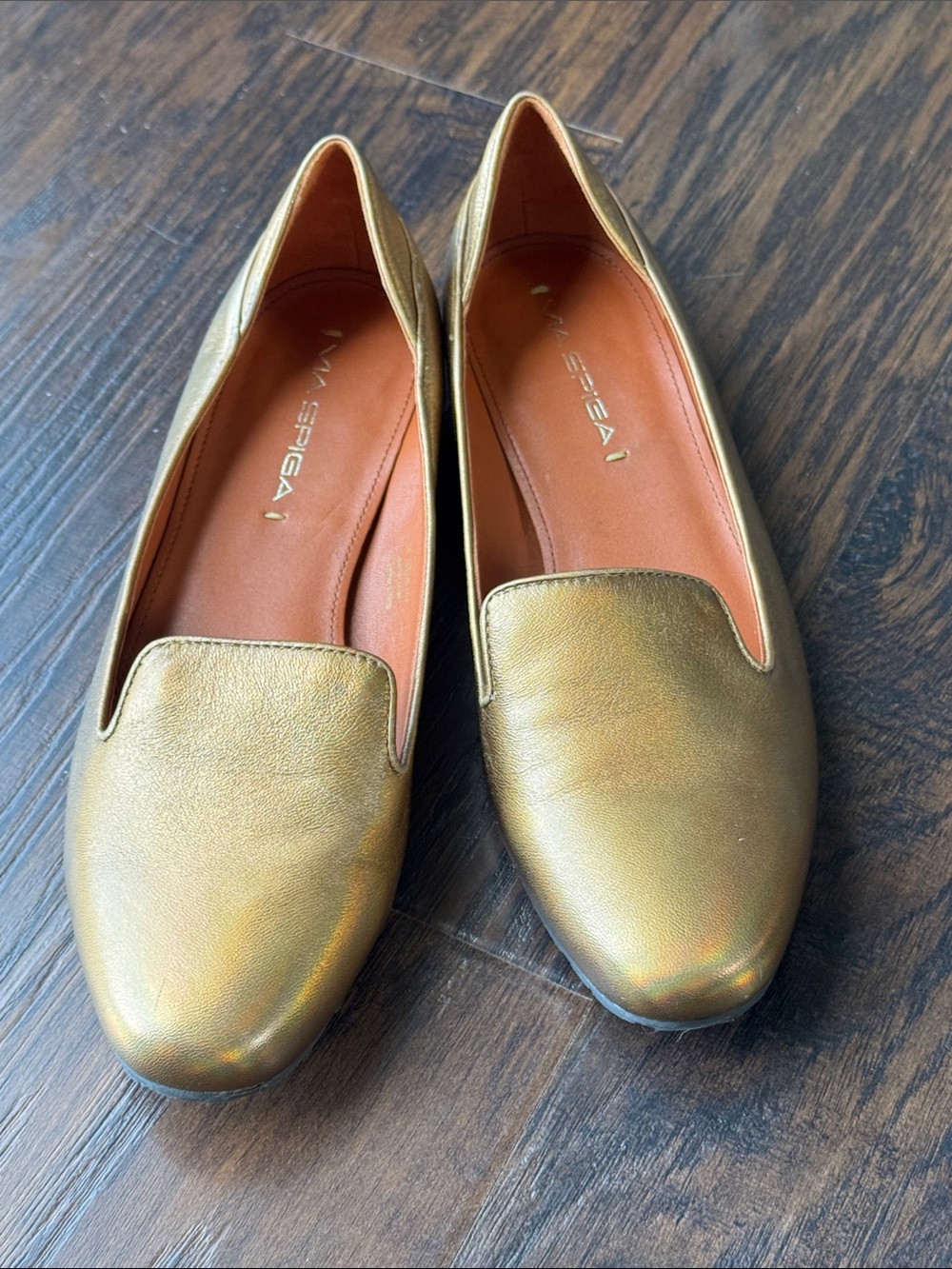 Via Spiga Metallic Gold Leather Loafers